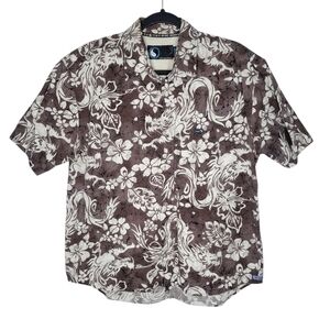 Vintage 90s T&C Surf Designs Dragon Hibiscus Hawaiian Button Down Shirt Size M